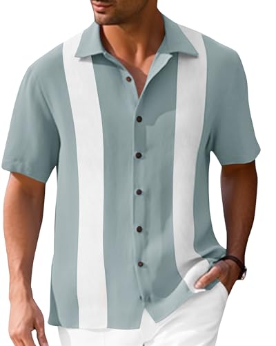 Mens Vintage Bowling Shirts Short Sleeve Button Down Guayabera Be...