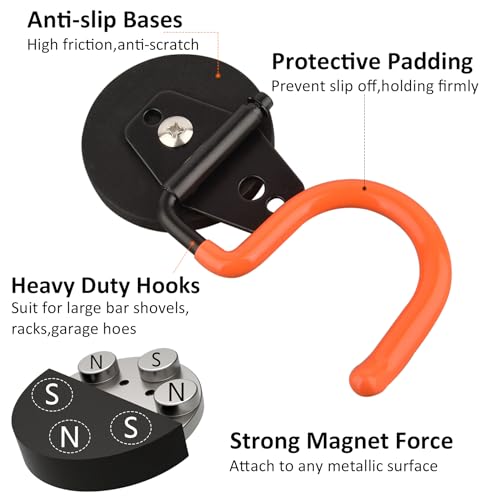 MUTUACTOR Magnetic Broom Holder,Non-Slip Garage Storage Hooks Heavy Duty,Strong Metal Hooks Magnetic Tools Holder for Snow Shovels Garage Racks Garden Hoes in Garden Warehouse(2Pack,Orange) - Thumbnail 3
