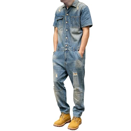 Combinaison d'été homme en denim style vintage à manches courtes pour look quotidien