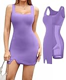 Popilush Shapewear Dress Mini Slit Built in Shapewear Bra 8 in 1 Square Neck Bodycon Summer Dress for Women Purple
