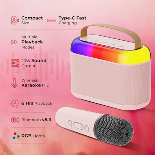 pTron Newly Launched Fusion Joy 20W Bluetooth Speaker with Wireless Karaoke Mic, 6Hrs Playtime, Vivid RGB Lights, Voice Effects, Multi-Play Modes BT5.3/TF Card/USB & Type-C Charging Port (Light Pink) 7 41 1t+6pPjL