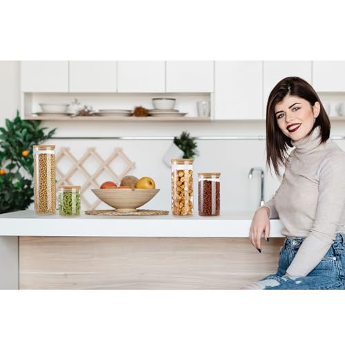 Image of Qinyoung Glass Storage Jars with Wooden Lids, 4 Sizes Food Storage Containers Clear Stackable Canisters Airtight Glass Jars for Candy Cookie (Clear, Light Brown, 15oz 25oz 34oz 42oz, 36 Pcs)