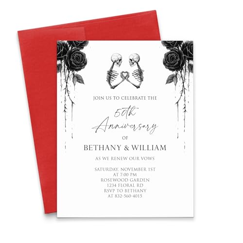 Gothic Vow Renewal Invitation Cards And Envelopes, Personalized 25th, 50th, 60th Wedding Anniversary Invitations With Roses, Goth Anniversary Invites, Your Choice of Year, Quantity, & Envelope Color