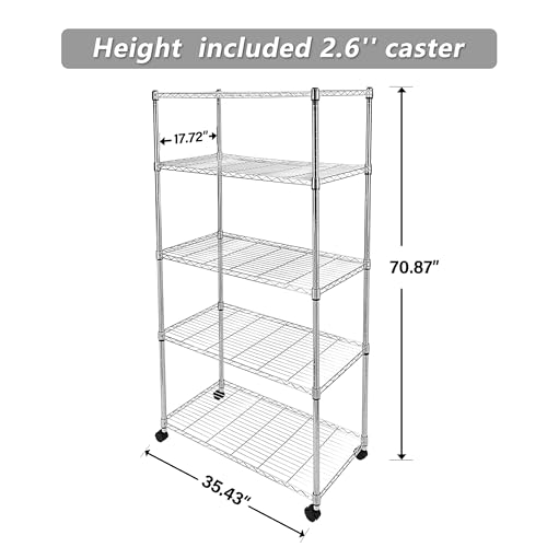 Image of Simple Deluxe Heavy Duty 5-Shelf Storage Shelves, 1750Lb Loading Capacity, 35.43 inch W x 17.72 inch D x 70.87 inch H Adjustable Shelving Unit with Wheels, Chrome