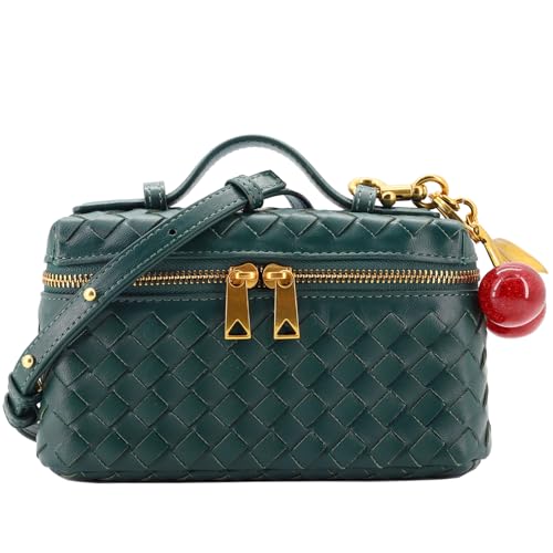 Image of Small Woven Box Crossbody Bags for Women Designer Leather Mini Top Handle Clutch Purse Square Vanity Bag with Cherry Charm