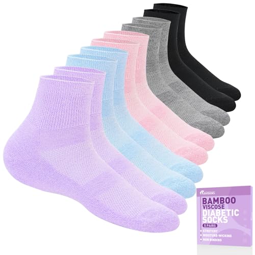 Revosoxs Diabetic Socks for Women Men,5 Pairs Non Binding Diabetic Ankle Wide Stretchy Loose Seamless Socks 7-9 9-11(Bright-Medium)