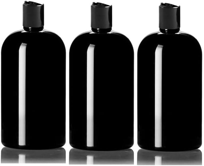 Miniatura 1 de MountainLeaf Paquete de 3 botellas redondas de plástico PET vacías de 16 onzas con tapas de disco de presión negras para champú, loción,