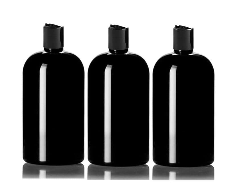 MountainLeaf 3 Pack 16 oz Empty PET Plastic Squat Boston Round Bottles with Black Press Disc Caps for Shampoo, Lotion, Hand Sanitizer, Dish Soap..., Refillable, BPA Free, Made in USA (Black Bottles)
