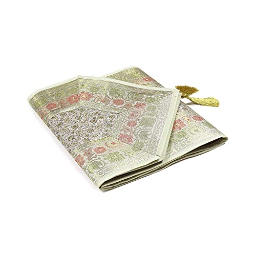 Image of E-EZRA Room Decor Banarasi Silk Handmade Flower V Shape Table Runner Dinning & Centre Table Long Runner Bed Runner Gold Tassels End Size 14 X 80 inches (Grey)