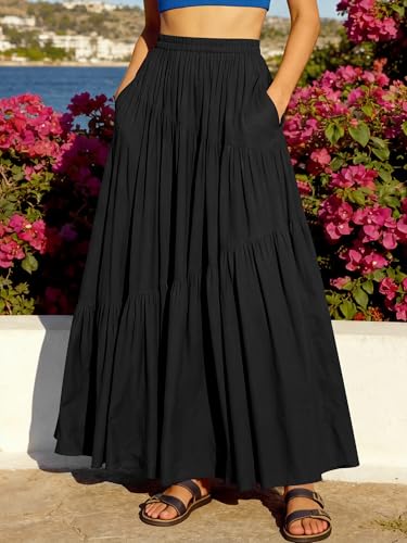 Image of ANRABESS Women's Boho Elastic High Waist Pleated A-Line Flowy Swing Asymmetric Tiered Maxi Long Skirt Dress with Pockets