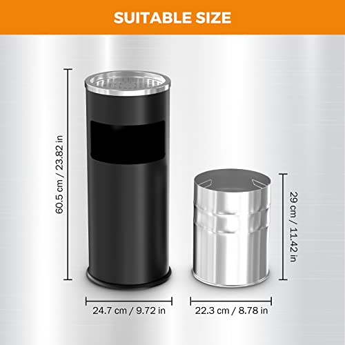Image of BEAMNOVA Black Trash Can with Lid Outdoor Indoor Stainless Steel Commercial Garbage Bin Waste Container for Patio Yard Garage with Inside Barrel, Black, 9.8 in x 24 in (D * H)