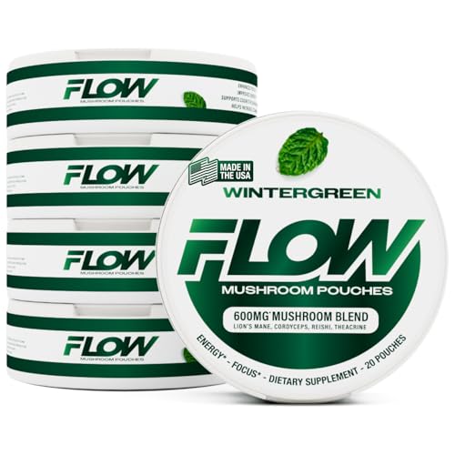 Flow Pouches Mushroom Nootropic Pouches 600mg Lions Mane Reishi Cordyceps Energy Pouches for Focus and Clean Energy Caffeine Free Sugar Free Nicotine Free Now Made in USA (5 Cans Wintergreen)