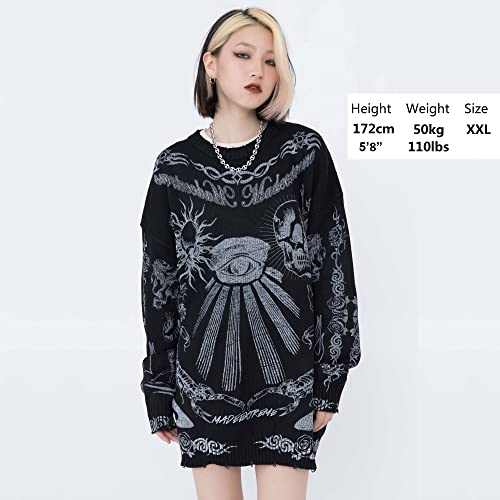 Retro Streetwear Ripped Sweater Eye's Power Skull Printed Dark Style Hip Hop Oversized Pullover Long Sleeve3