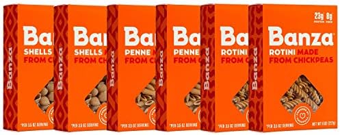 Banza Chickpea Pasta, Variety Pack (2 Penne/2 Rotini/2 Shells) - Gluten Free Healthy Pasta, High Protein, Lower Carb and Non-GMO - 8 oz (Pack of 6)