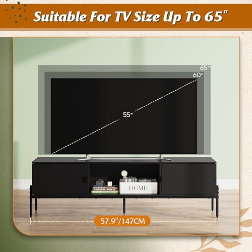 Image of WLIVE 58 inch TV Stand for 65 Inch TVs, Mid Century Modern Entertainment Center with 2 Storage Cabinets & Open Shelf, Media Console Table with Metal Legs for Living Room, Bedroom, Black