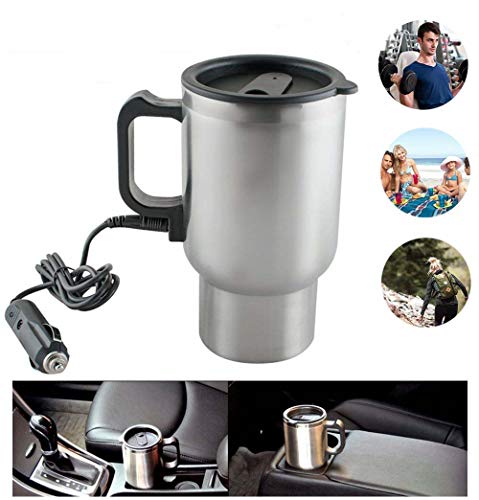 Finlon Mug de voyage en acier inoxydable 12 V avec système de chargement de voiture thermique chauffé pour thé, café et café 450 ml