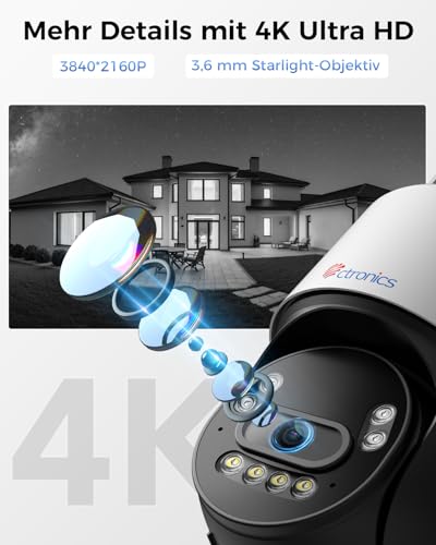 Ctronics 4K WLAN &Uuml;berwachungskamera Au&szlig;en, 8MP PTZ Kamera mit Farbnachtsicht, 2,4/5GHz Dualband WLAN, KI Personen-/Fahrzeug-/Tiererkennung, unterst&uuml;tzt NVR&24/7 Aufzeichnung, Zwei-Wege-Audio, IP66