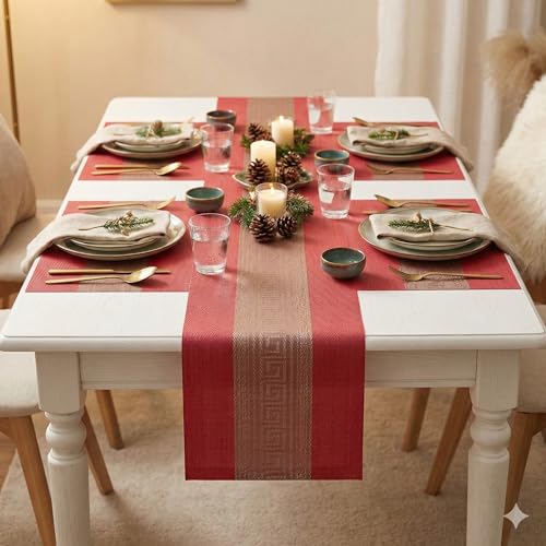 Image of YELONA Placemats and Table Runner Set - Heat Resistant, Non-Slip & Washable PVC Vinyl Dining Table Mats - Scarlet Red (4 Placemats: 45x30 cm, 1 Runner: 180x30 cm)