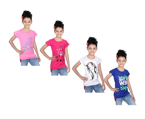 Image of indi weaves Girls Pure Cotton Chest Printed Half Sleeves Round Neck T-Shirts (Pack of 4)
