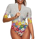 Jekioweii Colorful Floral Women's One Piece Swimsuit Tummy Control Bathing Suit Half Sleeve Zipper Front Sports Swimwear Athletic Plus Size Swim Shirt