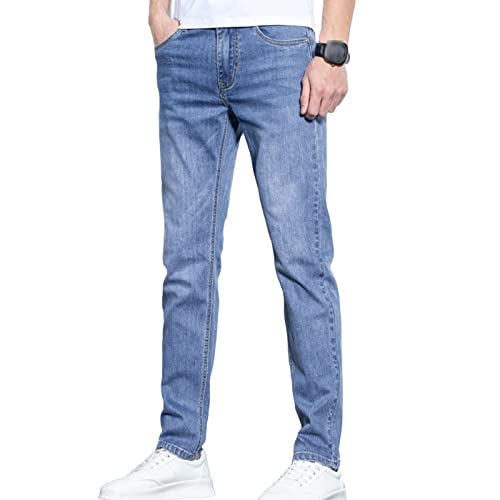 Men's Casual Straight Leg Denim Pants Washed Lightweight Jeans Slim Fit Stretch Jeans