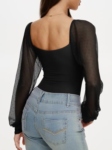 REORIA Women's 2025 Fall Casual Mesh Long Sleeve Square Neck Tops Trendy Cute Dressy Slim Fit Going Out T-Shirts3