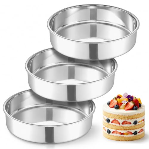 E-far 8 Inch Cake Pan Set of 3, Stainless Steel Round Layer ...