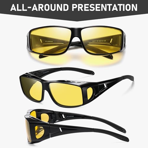 Wzerry Night Driving Glasses for Men Women Fit Over Sunglasses Anti Glare Polarized HD Night Vision Glasses(Glossy Black Frame/Night Vision Lens)3