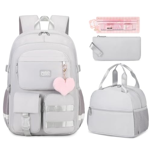 3PCS Student Backpack For School Women College Middle High Teen Girls Bookbag Waterproof Laptop Bag Grey