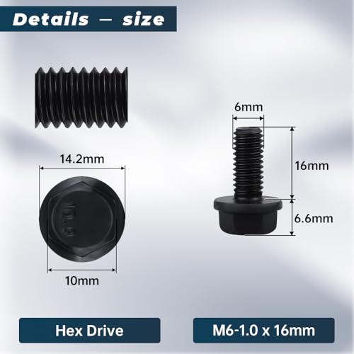 Image of Glvaner M6-1.0 x 16mm (25 pcs) Alloy Steel Flanged Washer Head Hex Bolts, Extra-Large Washer Head, 10.9 Grade Black Oxide Finish GB5789 Full Thread