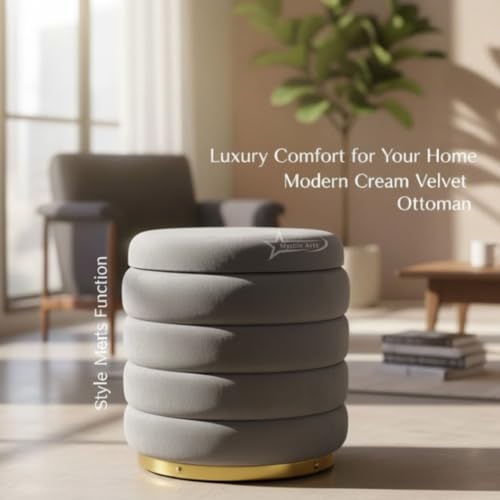 Image of Round Velvet Single-Strip Office Stool Foot Rest Stool, Linen Fabric Padded Seat Pouf Ottoman, 14 X 14 X 16 inch, Round Shape for Living Room, Office, etc. Grey
