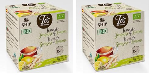 Ship - Té Bio Verde con Jengibre y Limón - Formato en Pirámides - 15 Unidades - Propiedades Antioxidantes - Activa la Mente - Aporta Vitaminas y Minerales - Sabor Dulce (Paquete de 2)