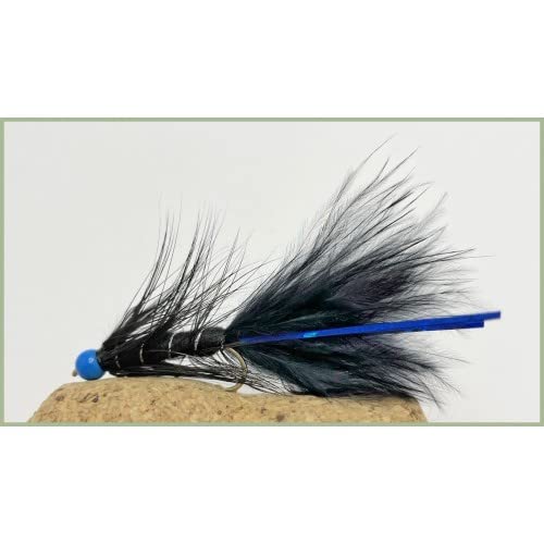 Barbless Flash Damsels, 6 x Hothead Black Blue Flash Size 10, Fishing Flies