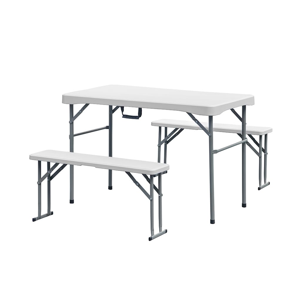 IlGruppone Set Tavolo e 2 Panche 3 Pezzi Pieghevoli Per Feste Sagre Giardino Campeggio Struttura Acciaio Impermeabile Uv Resistente Set Birreria Interno Esterno - Bianco