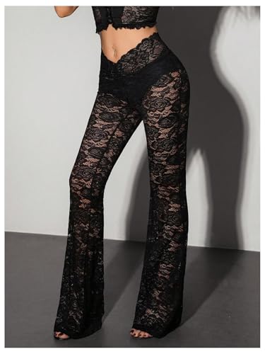 Verdusa Women's Lace Bell Bottom Pants Y2K Low Waist Flare Pants See Through Rave Outfits4