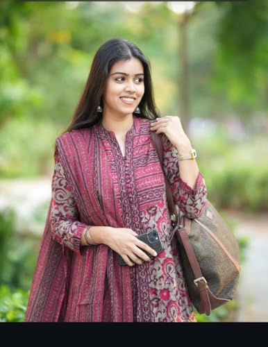 Image of Women's Cotton Trending Anarkali Printed Kurta with Pants and Dupatta Set | Ethnic Set (Blue)