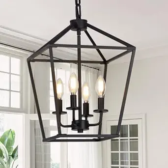4 Light Pendant Lighting, Industrial Ceiling Light Black Lantern Chandelier with Farmhouse Metal Cage Adjustable Height Rustic Geometric Hanging Light E12 Base for Kitchen Island, Bedroom or Entryway