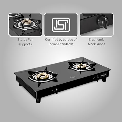 Glen 2 Burner Toughened Glass Top | LPG Gas Stoves | Fuel Efficient Brass Burners | Manual Ignition | ISI Certified | Ergonomic Knobs | Revolving... - Image 3