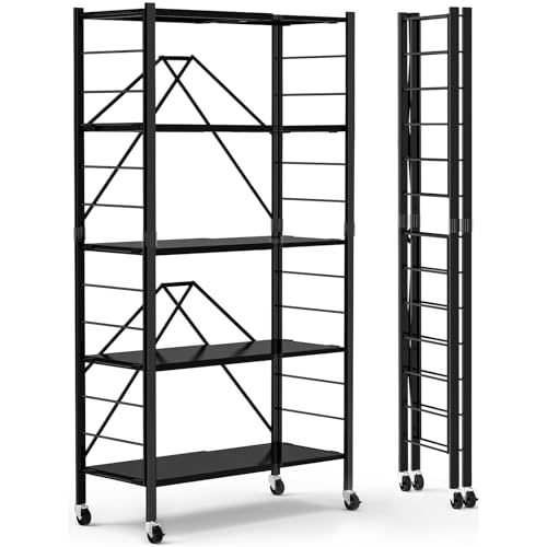5 Tier Foldable Storage Shelves, Expandable Folding Shelving Units with Wheels, Changeable into 2...