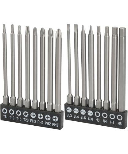 Bates- Long Screwdriver Bits Set 16 pcs 1/4 Hex Shank Slotted Phillips Hex and Tamper Proof Torx Bits S2 Steel Magnetic 3.94 Inch Long Drill Bit Set with Holder
