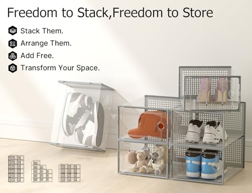 Image of Kuject XX-Large Shoe Storage Boxes Organizers Clear Plastic Stackable 12 Pack, Shoe Rack & Holder Substitute, Sneaker Containers, Shoe Storage Organizer Bins for Closet, Under Bed, Grey(No Fold Line)
