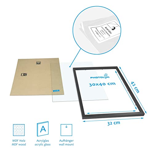 PHOTOLINI schwarze Bilderrahmen Set verschiedene Größen, 17 Bilderrahmen schwarz Holz MDF, Bilder Rahmen mit Acrylglas, Bilderrahmenset zum Aufhängen, Fotorahmen Set mit Zubehör für Fotos & Poster