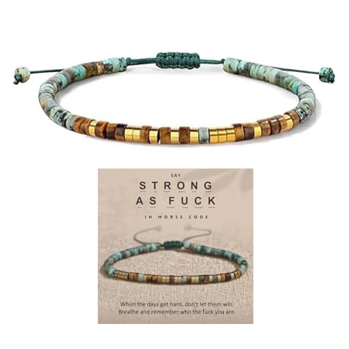 Strong As F Morse Code Motivational Bracelet with African Turquoise Tiger Eye Adjustable Natural Gemstone Morse Code Bead Wrap Bracelets Courage Power Stackable Inspirational Healing Bracelets Friendship Jewelry for WomenGreen Strong as fck