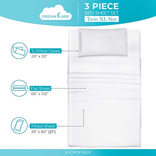 Image of DREAMCARE Twin XL Sheets - 3pc Breathable Cooling Sheets Twin XL Sheet Sets | - up to 21 inch Deep Pocket XL Twin Sheets with Side Pockets - Extra Soft - Double Brushed Hotel Luxury Bed Sheets - White