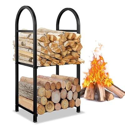 GREENER 2 Tiers Firewood Rack Indoor - Portable Outdoor Wood Holder, Classical Sturdy Firewood Log Storage Rack Stand for Fireplace, Patio, Fire Pit, Stove - Black
