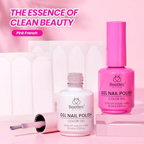 Image of Beetles French Gel Nail Polish Kit, 2 Colors 15ml Nude Pink and Hot Pink Gel Polish Set with French Tip Nail Stickers UV LED Soak Off Color Gel for DIY Pink French Manicure Nail Art