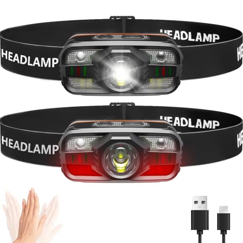 Headlamp Head Torch Rechargeable Super Bright LED Headlight 11 Light Modes with Red Warning Light Sensor Control Lightweight and Waterproof Headlamp Suitable for Running Camping etc. (2 Pack)