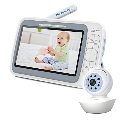 moonybaby QuadView 50 Vigilabebés con reducción CEM con 1 cámara panorámicas e inclinadas, Vista cuádruple/Pantalla Dividida, Baterías de Larga duración, 5” 720p HD, intercomunicación bidireccional Cover