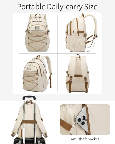 Image of Teen Girls Backpack School Bag, 15.6in Laptop Backpack for Women Work Commuter, Aesthetic College Bookbag for Students, Beige