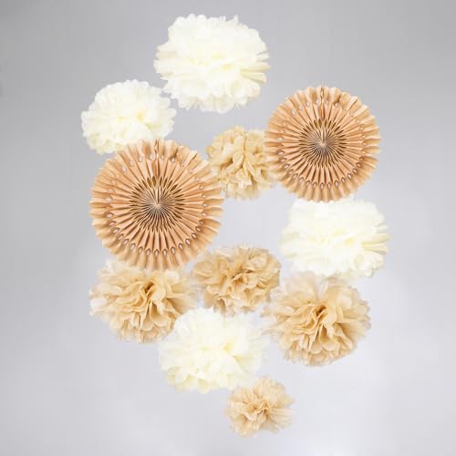 Beige Deko 12 Stk. Pompons Hellbraun Seidenpapier Pompoms Geburtstagsdeko Papier Fächer Braun Pom Poms Set für Hochzeit Babyparty Neutral